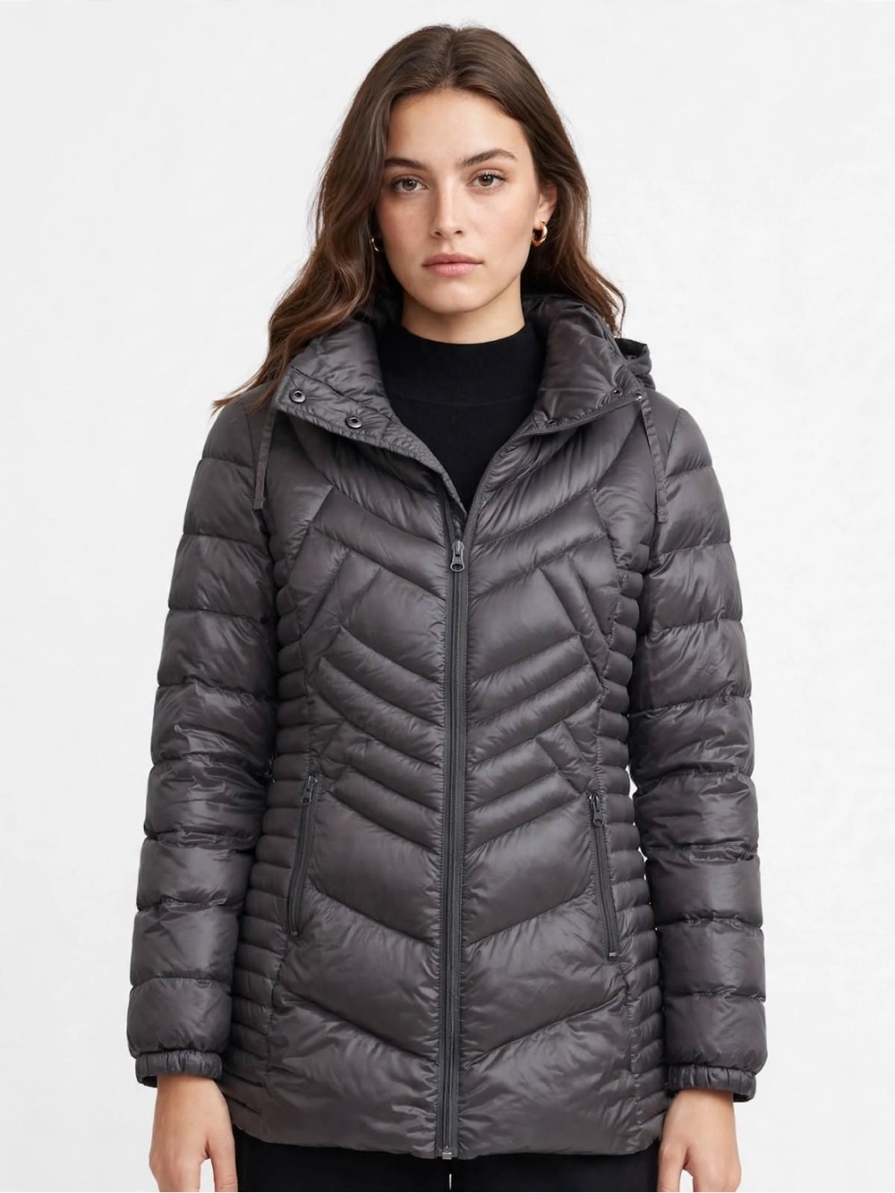 Bernardo Gray 90% Down Chevron Puffer Coat Size M - Gunmetal Nylon Hooded